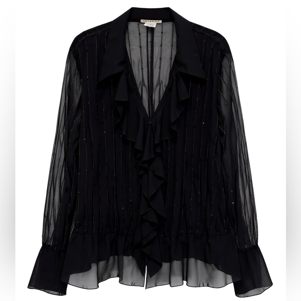 Notations Black Ruffle Sequined Long Sleeve Blouse